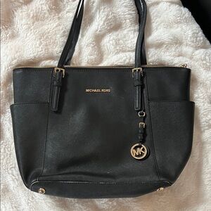 Michael Kors Black Leather Saffiano Tote with Gold MK Charm